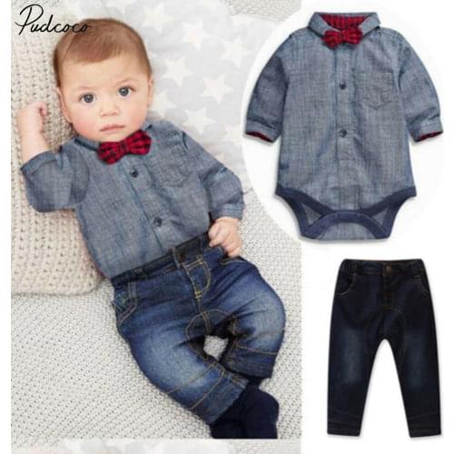 Baby Boys Gentleman Suit 2pc Long Sleeve Tops+denim Pants Jeans Kids Clothes Set