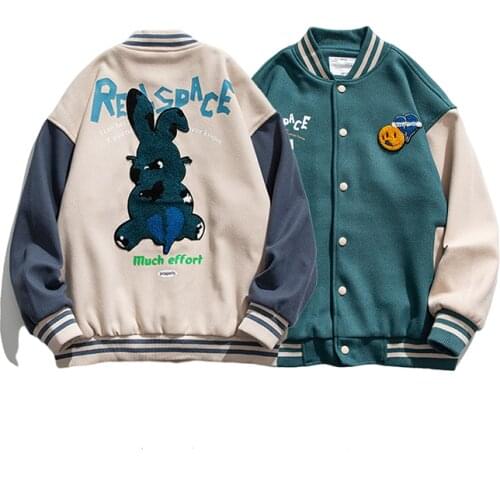New Arrival Autumn Spring Patchwork Rabbit Cartoon Embroid Oversize Womens Baseball Bomber Varsity Jacket Unisex Men Shirt