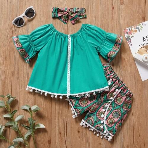 Summer Toddler Girl Clothes Childrens Clothing Fringed Flower Retro Trumpet Sleeve Top + Shorts + Headband Tracksuit Outfits