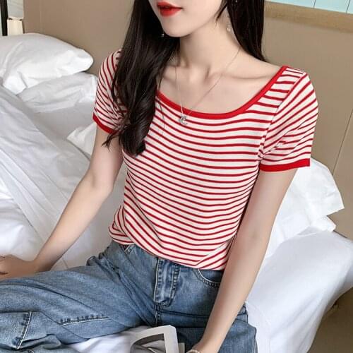 Summer Women Striped T-shirt Short Sleeve Simple Thin Knit Slim T Shirts Tops
