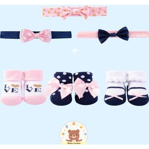Bobo Leader Luvable Friends Lovely Newborn Baby Socks and Head Band Headband 3 Pair-Set Boy Girl 0-6m (Gift Set plastic box)