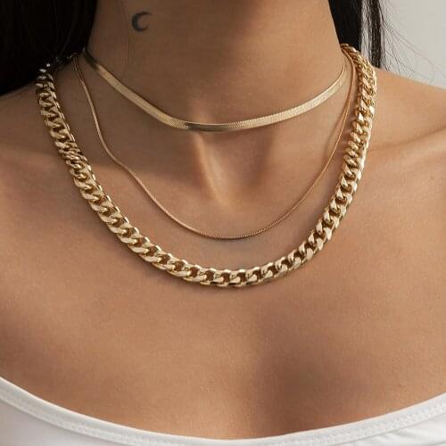 Boho Multilayer Snake Chain Necklace for Women Gold Color Cuban Thick Chunky Chain Herringbone Necklace Choker Punk Jewelry