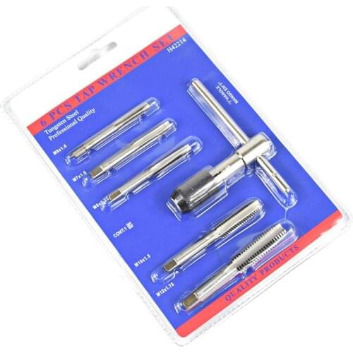6pcs Tap Wrench Set M6-M12 HSS Tap & Die Set Hand Screw Thread Metric Plug Tap Drill + T-Handle Ratchet