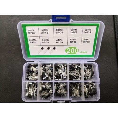 200pcs Transistor kit box 10values*20pcs A1015/C1815/13001/S8050/S8550/S9012/S9013/S9014 2N3904/2N3906 to-92 pack set Assortment