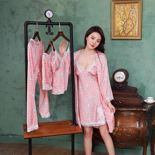 5PCS Pajama Set Women Pink Satin Print Nightwear V-Neck Lace Sleepwear Sexy Nightie Bathrobe Wear Home Suit With Chest Pads