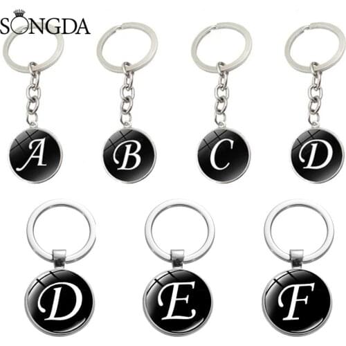 Simple Design 26 English Letters Keychain Minimalism Black A - Z Alphabet Printed Glass Gem Key Chain Ring Birthday Jewelry Gift