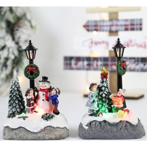 Christmas Village Scene Xmas Tree Snowman Resin Ornament with LED Lights Animated Street Lamp Statues Figurine Holiday Desktop