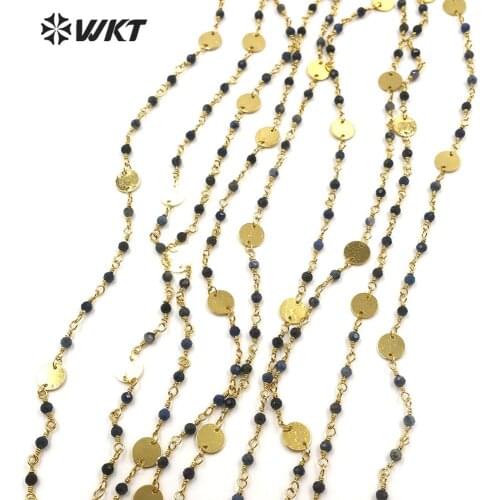 WT-RBC145 new popular blue vein stone beads chain with Gold Electroplated brass chain Rosary Chain 10 meters For Jewelry Making