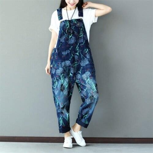 Women Retro Printed Holes Ripped Jumpsuit Ladies Denim Bleached Wide Leg Overalls Female Vintage Denim Rompers Print Rompers