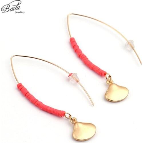 Badu Women Gold Earrings Scallop Long Pendant Fashion Jewelry Red Clay Beads Summer Holiday Elegant Earrings for Wedding