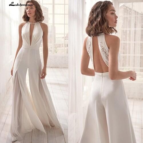 Sexy Jumpsuit Wedding Dress 2021 Appliques Halter Backless Sleeveless Satin Simple Bridal Gown Vestido De Novia Custom Made