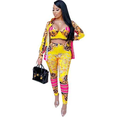 Cutubly Strap WomenS Set Retro Print Sexy 3 Two Piece Set Crop Top Long Sleeve Cloak And Pencil Leggings Pants Set Suit Outfit