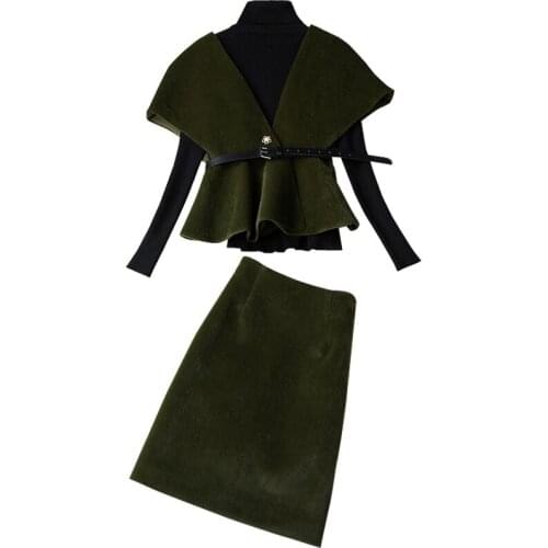 3 piece set women new autumn and winter turtleneck sweater + cape waist coat + woolen skirt three-piece