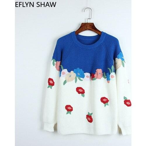Color Block Pullover for Women 2021 Spring New Fashion Flower Embroidery Sweater Round Neck Loose Patchwork Long Sleeve Knit Top