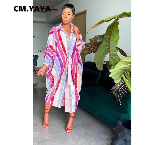 CM.YAYA Women Long Dress Pritn Full Batwing Sleeve Turn-down Collar Bandage Loose Maxi Dresses Casual Fashion Vestidos Summer