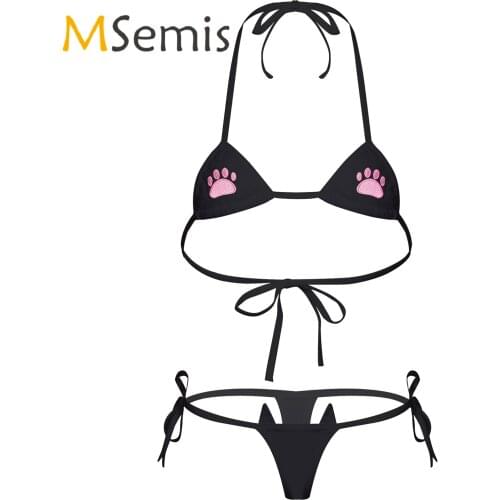 Womens Lingerie Bikini Swimsuit Paw Embroidered Bikini Set Ladies Two-Pieces Swimwear Halter Neck Lace-up Bra with G-string