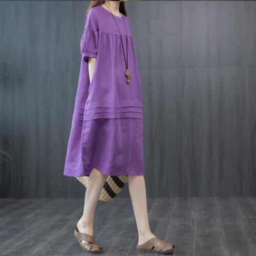 2021 New Summer Women Cotton Linen Dress Elegant O-Neck Short Sleeve Sundress Robe Ladies Femme Casual Loose Solid Vestidos B201