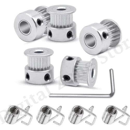 5Pcs 20 Teeth 5mm Bore 6mm Width 20T Timing Belt Pulley Wheel Aluminum & 4Pcs Tensioner Spring & Allen Wrench 3D Printer Parts