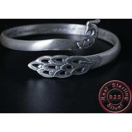 Amxiu Vintage Jewelry 925 Sterling Silver Peacock Bangles Wide Open Bangle For Women Mom Gift Party Bijoux Fashion Accessories
