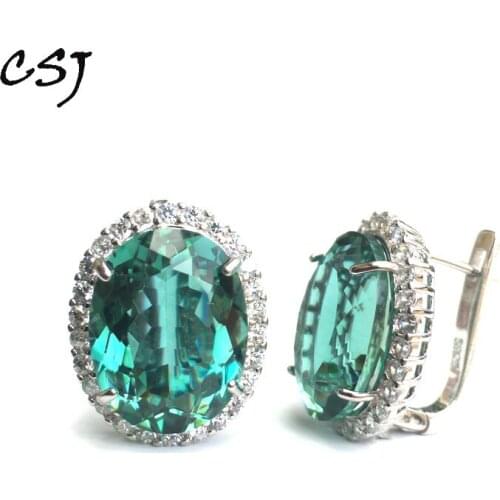 CSJ green quartz gemstone noble Earring Sterling 925 Silver oval12*16mm 18Ct Fine Jewelry For Women Lady or mother Gift Box