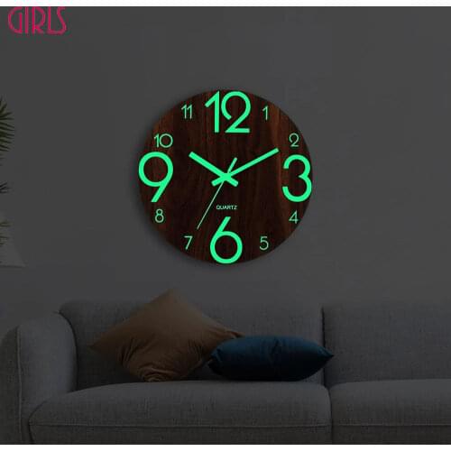 Wooden Wall Clock Luminous Number Hanging Clocks Quiet Dark Glowing Wall Clocks Modern Watches Home Decor Modern Christmas Gift