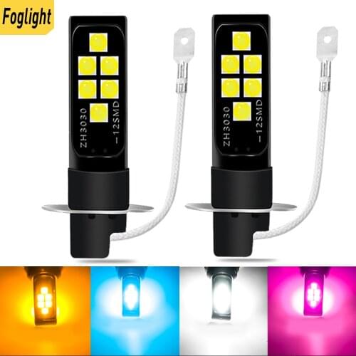 2X H3 3030 Chips With Lens 12SMD LED Fog Light Driving Daytime running light DC 12V 6000K Foglamp White Blue Orange Pink purple