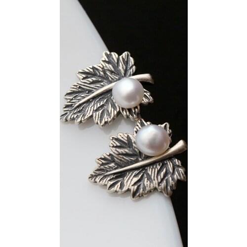 Ecoworld Ge jewelry wholesale retro leaves Thailand Tremella nail hand set natural pearls 925 Sterling Silver Earring
