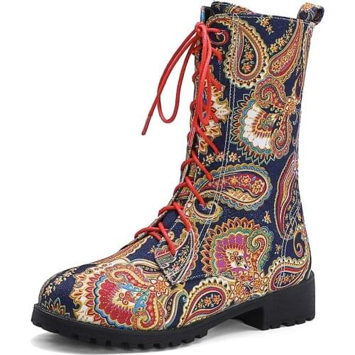 Paisley Pattern Ethnic Mid-Calf Boots Low-Heel Lace Embroidered Autumn And Winter Womens Boots Plush Short Tube Flat Shoes