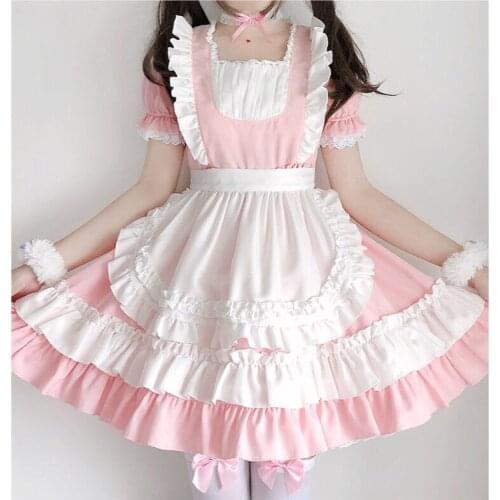 Lolita cosplay dress set Maid Outfit Cute Pink Trim Apron Lolita Dresses Costume Full set Amine Maid Cosplay Clothes