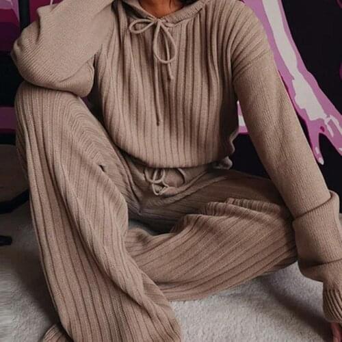 Fashion Casual Women Sets Autumn Long Sleeve Hoodie Wide Leg Pants Knitted Outfit Lounge Wear Set vetement femme Женский костюм