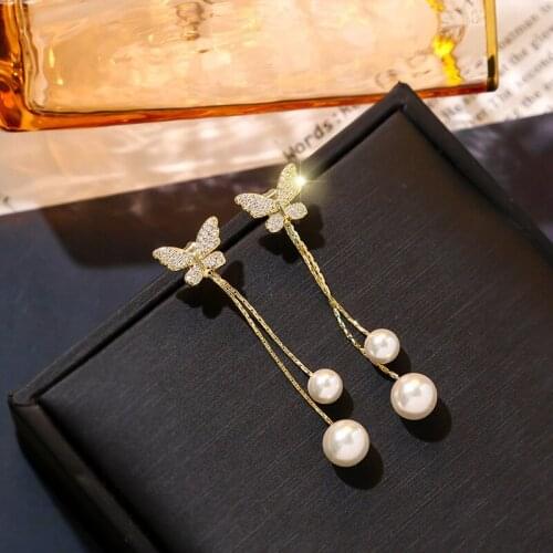Korean Fashion Elegant Butterfly Long Tassel Pearl Crystal Earrings For Women Girls Charm Earring Party Wedding Jewelery Gift