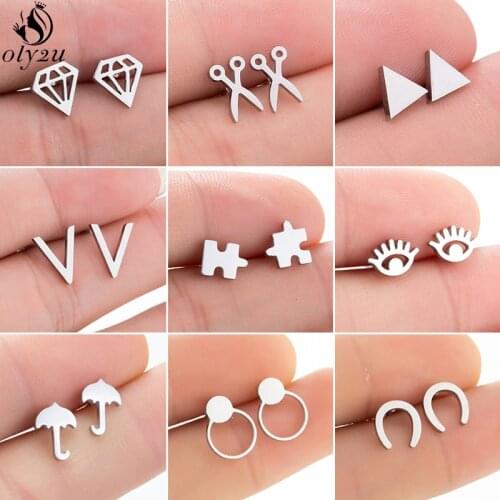 Tiny Stainless Steel Earrings for Women Kids Geometric Eyes Scissors Umbrella Puzzle Earings Korean Round Studs Jewelry Gifts