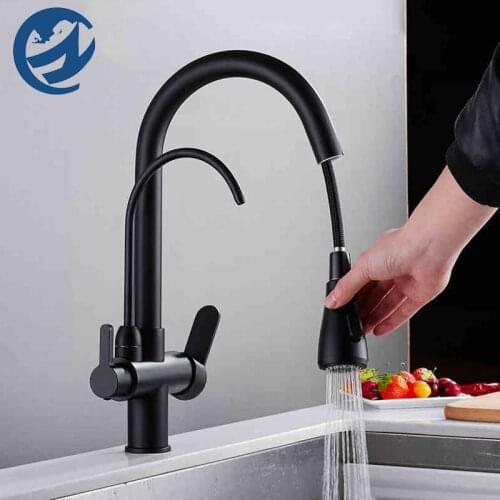 Matte Black Filtered Crane For Kitchen Pull Out Spray 360 Rotation Water Filter Faucet Three Ways Sink Mixer Kitchen Faucet