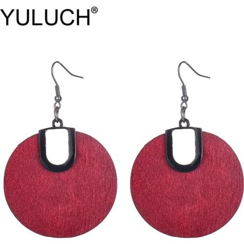 YULUCH Trendy Red Black Wooden Pendant Earrings Fashion Jewelry Ethnic African Golden Black Metal Zinc Alloy Big Dangle Earrings