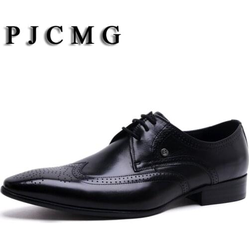 PJCMG New Fashion Carved Style Spring Autumn Mens Business Pointed Toe Lace Up Casual Genuine Leather Oxfords Men Wedding Shoes