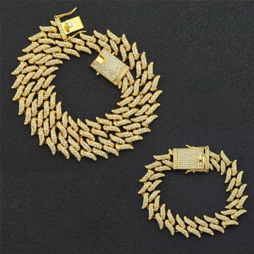 20MM Hip Hop Iced Out Full Bling Rhinestone Mens Thorns 2pcs Kit Prong Cuban Link Bracelet Chain Necklace for Men Jewelry