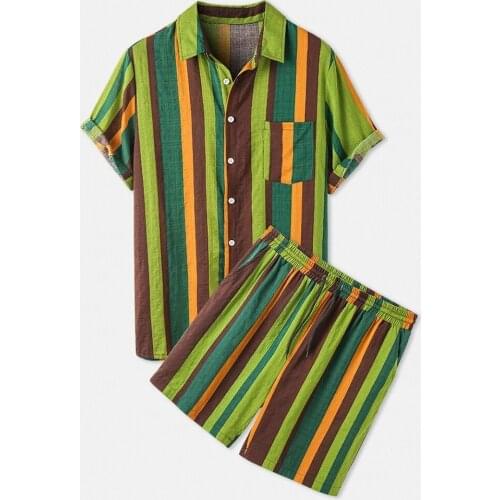 Mens Beach Hawaiian Color Striped Short Sleeve Short Sleeve Set Two-Piece Set Mens Joggers Set Cropped Sweatshirt Sweat Pants