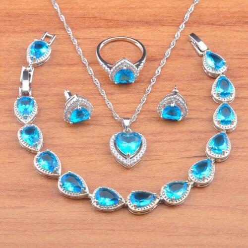 2020 New Heart Silver Color Wedding Jewelry Sets For Women Sky Blue Crystal Earrings Ring Pendant Bracelet JS0730