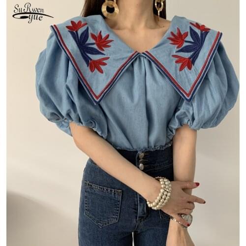 2021 Autumn New Hot Lantern Sleeve Loose Denim Shirt Vintage Ethnic Style Flower Embroidey Blouses Women Femme Tops Blusas 15433