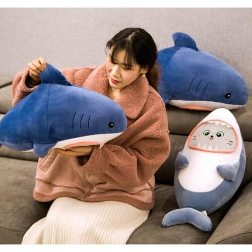 Plush shark toy kawaii cartoon cat face shark soft doll kids toys shark pillow birthday gift for children