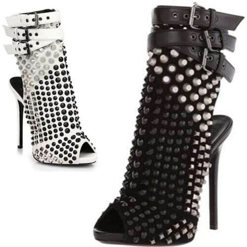 Hot Woman Studded Gold Rivets Peep Toe Ankle Boots Gladiator Metal Buckle Straps Thin High Heels Zipper Summer Boots Shoes