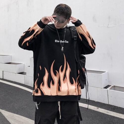 Flame Printing Pullovers Oversized Sweatshirts Men Streetwear Women Gothic Letters Print Sweatshirt Top Harajuku Hoodies Men