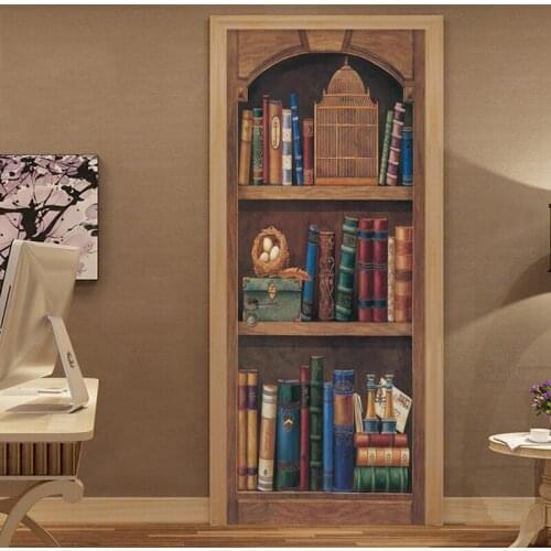 Self-Adhesive Door Sticker European Style Retro 3D Bookshelf Oil Painting Wallpaper Living Room Study Room Home Decor 3D Sticker