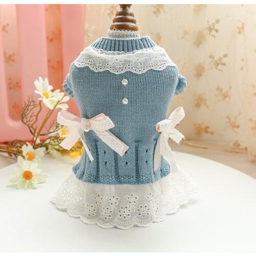 Warm Sweater Dog Cat Dress Autumn Winter Splicing Lace Princess Dogs Clothes Ladies Cats Skirts Chihuahua Bichon Puppy Costumes