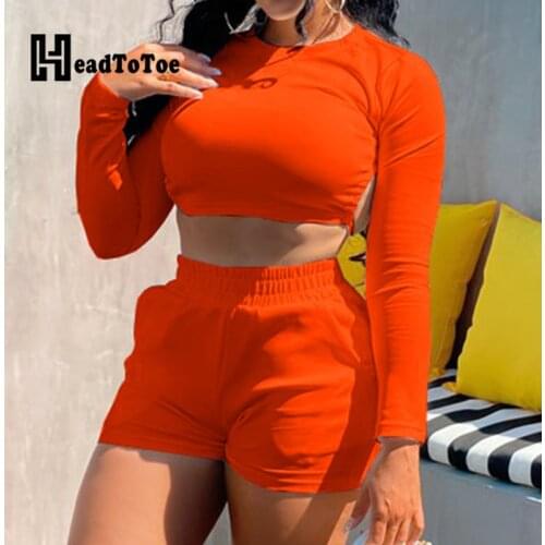 Solid Lace Up Hallow Out Backless Sexy Club 2 Piece Set Women Full Sleeve Round Neck Slim Navel Two Piece Set Women