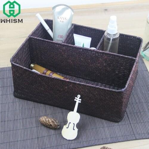WHISM Nature Handmade Storage Baskets Straw Storage Boxes Remote Woven Control Container Seagrass Makeup Organizer Wicker Basket