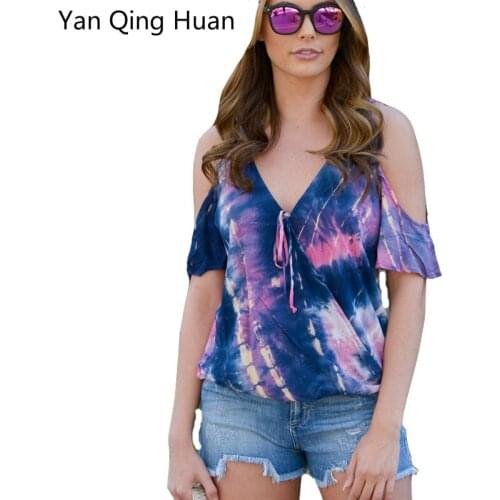 Yan Qing Huan Summer New Cotton V-neck Strapless Tops Printing And Dyeing Loose Womens Short-sleeved Trumpet Sleeve T-shirt