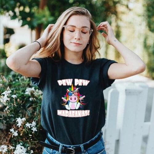 Unicorn Pew Pew Tee Madafakas Vintage Funny Unicorn Graphic Printed Women TShirt Gift Female Loose Cotton Round Neck Cotton Tops