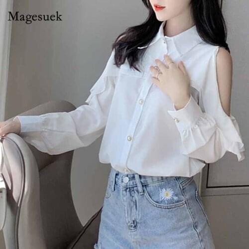 Women Temperament Korean Fashion Loose Blouse 2020 Autumn Off-Shoulder Chiffon White Reffles Turn-down Collar Shirt Blusas 10844