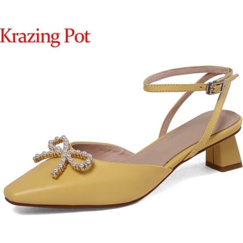 Krazing pot genuine leather med heels square toe shallow French romantic bowtie pearl fairly cozy ankle straps women sandals L73